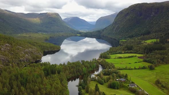 Geiranger Fjord and Lovatnet Lake Aerial View in Norway