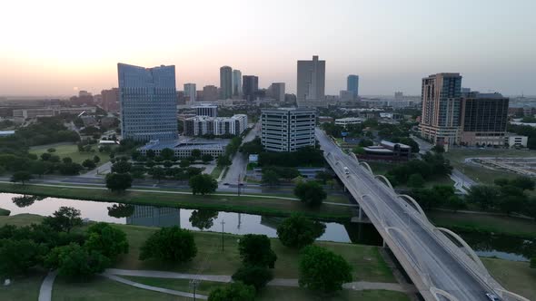 Downtown Fort Worth Texas. Ft Worth skyline at dawn. Bridge over Trinity River. Beautiful aerial in