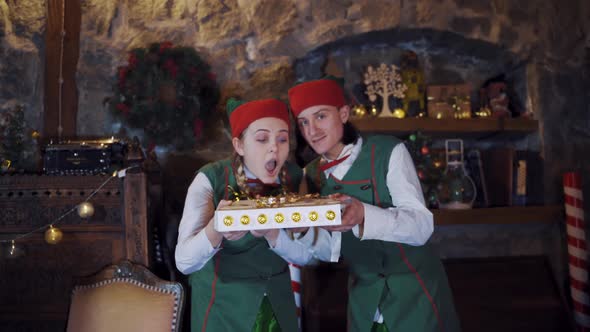 Joyful elves with magic book in decorated room at Christmas.