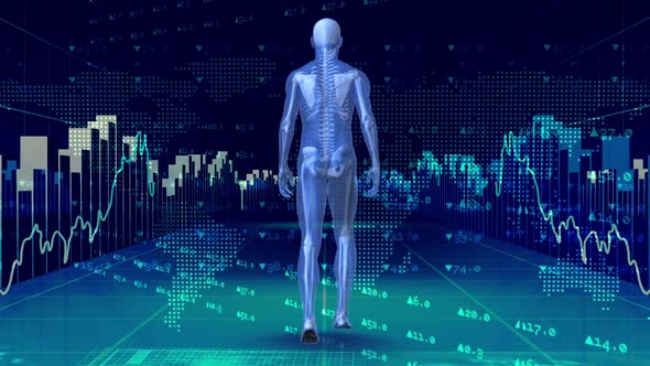 Human prototype walking surrounded by data financials