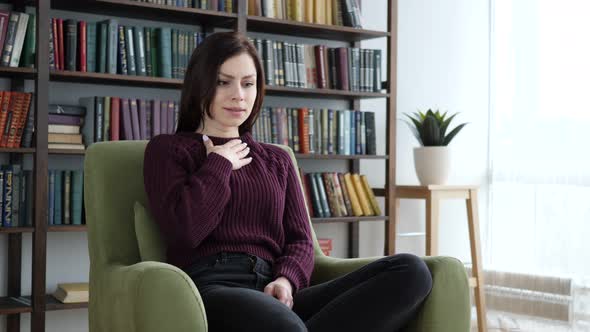 Cough, Portrait of Sick Woman Coughing while Sitting on Sofa