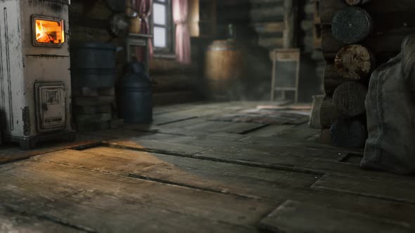 Dark Interior of Retro Log House alt