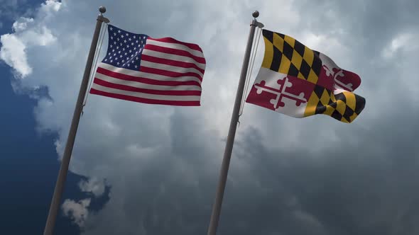 Waving Flags Of The United States And The Maryland State 2K