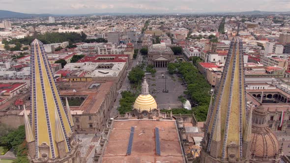 Drone Fly Over Guadalajara Cathedral With Plaza de la Liberacion And Teatro Degollado In Jalisco, Me