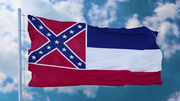 Flag of Mississippi State Region of the United States Waving at Wind