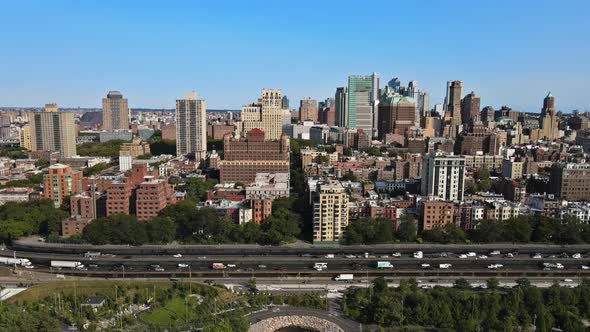 New York City NYC Cityscape Panning of Downtown Brooklyn District with Beautiful Aerial Skyline