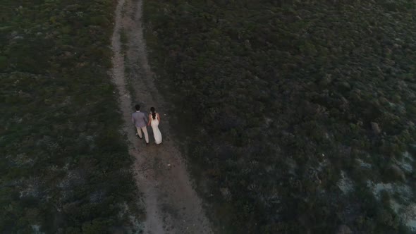 Couple Walking On Grass Road Aerial View