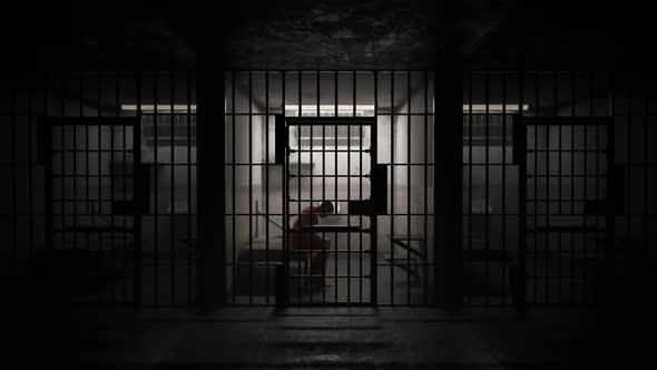 Animation of a guilty prisoner incancerated in dark prison cell. Justice