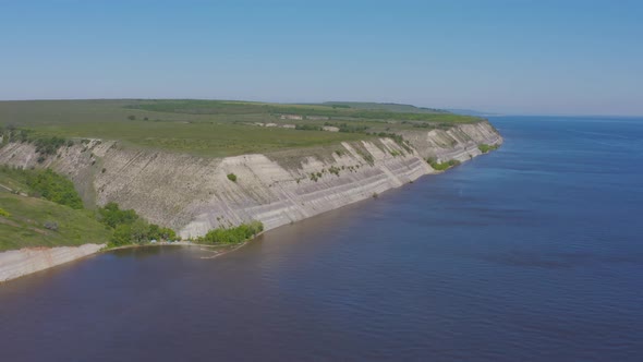 Steep Bank of the River From a Bird's Eye View. Bank of the Volga River in Russia, Aero