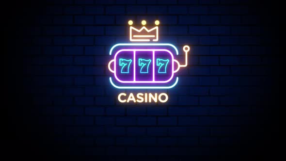 Slots Machine Play Casino Neon Sign on Brick Wall Background 4K