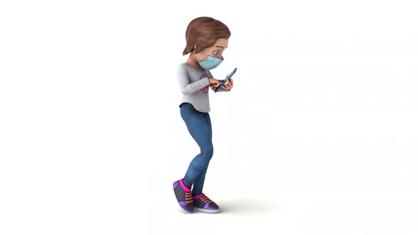Fun 3D cartoon girl with a mask on the phone