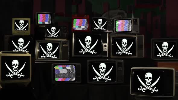 Pirate flags and Many Retro TVs.