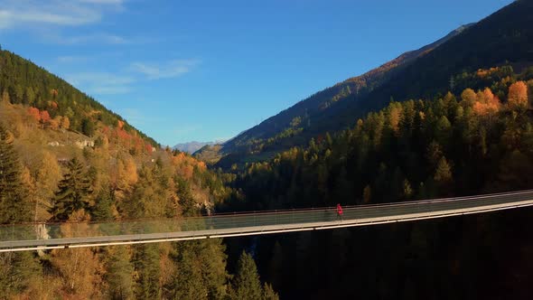 Man Walks on Hanging Rope River Bridge in Forest