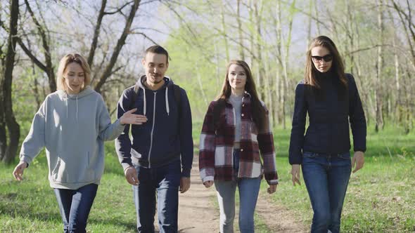 Four Friends are Walking in the Park in Nature