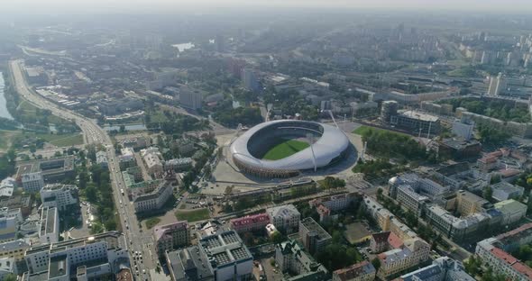 Football Stadium in Minsk City Panorama of Center Cityscape Residential and Business Building