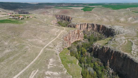 Stunning long aerial shot of Ihlara Valley in Cappadocia region of Turkey. cappadocia ihlara valley