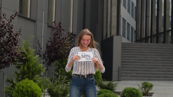 Happy Girl Showing Discount Percent Advertisement Inscriptions, Shouting From Joy, Enjoying Shopping