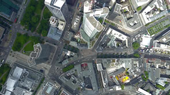 AERIAL: Breathtaking Overhead Bird View View of Frankfurt Am Main, Germany Skyline in Summer