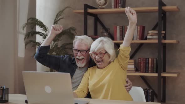 Overjoyed Mature Grey-haired Husband and Wife Looks on Laptop Indoor. Excited Senior Couple Rais