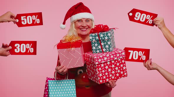 Elderly Grandmother in Holding Gift Boxes and Receive Christmas Discounts Inscriptions Banner Texts