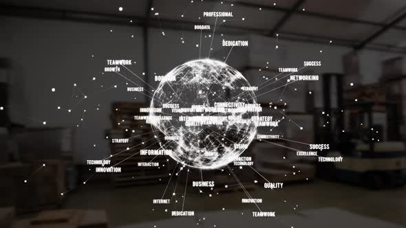 Digital rotating earth with data on a warehouse background