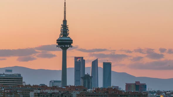 Madrid Skyline Timelapse with Some Emblematic Buildings Such As Kio Towers Part of the Cuatro Torres