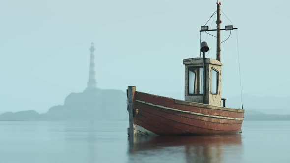 Fishing boat in the calm waters of the sea during misty, foggy, climatic weather