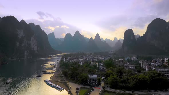 Aerial of the amazing rock formations along the Li River in China