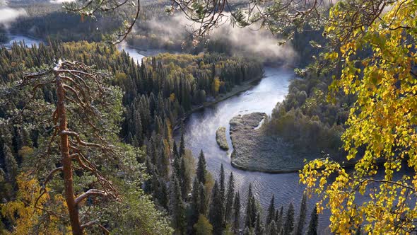 Oulanka National Park, Finland. River and Evergreen Forest with Clouds During Sunrise in Autumn. FHD