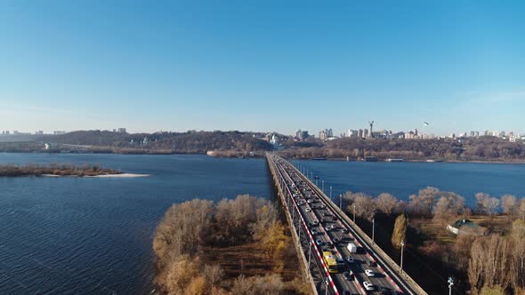 Large Bridge Over River with Cars Traffic Aerial View