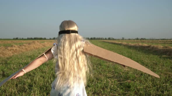 A Happy Child in an Airplane Costume with Cardboard Wings Runs Across the Field