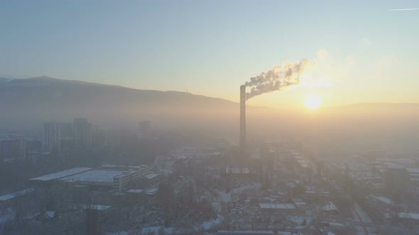 Industrial Smoke From Chimneys at Sunset in Sofia, Bulgaria