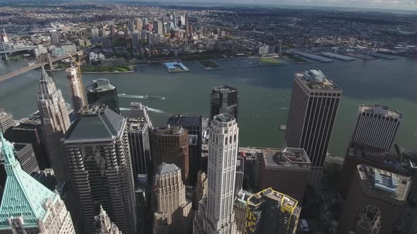 New York City - Drone above Manhattan approaching East river, USA