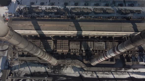 Aerial View of High Chimney Pipes with Grey Smoke From Coal Power Plant