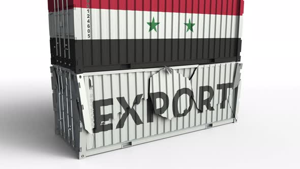 Container with EXPORT Text Being Crashed with Container with Flag of Syria