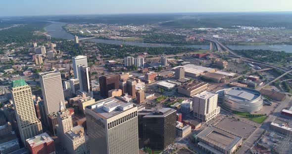 Aerial View of Downtown Lincoln Nebraska on Hot Summer Day