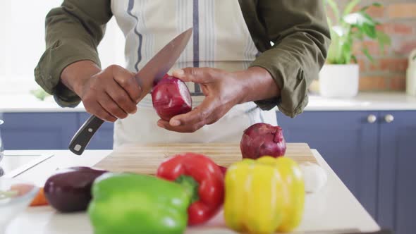 Mid section of man wearing apron skinning onions in the kitchen at home