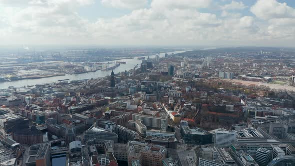 Wide Aerial View of Hamburg Cityscape with Residential Apartment Buildings and Old Churches and