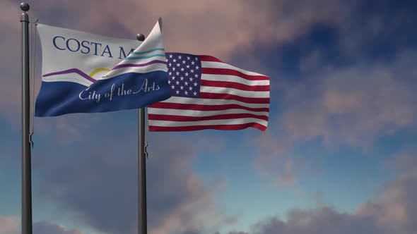 Costa Mesa City Flag Waving Along With The National Flag Of The USA - 2K