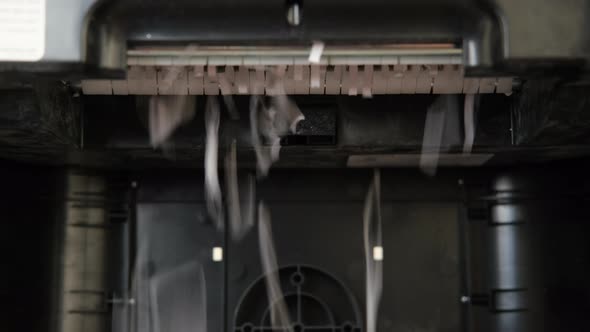 Shredded Pieces of Paper Coming Out from Shredding Machine Close Up