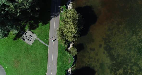 Aerial view of a prison biking along Lake Constance, Switzerland.