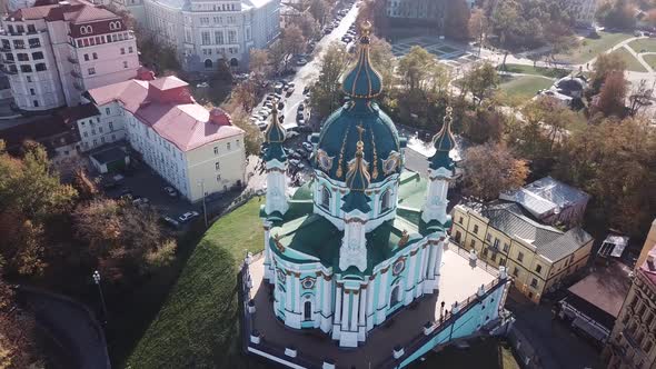 Aerial Top View To St Andrew Church in Kiev