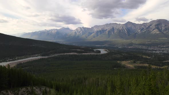 Kananaskis Mountain range in the Canadian Rockies. Drone aerial clip of the incredible woods of Cana