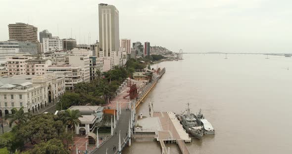 Malecon 2000 Guayaquil aereal shot. La previsora building.