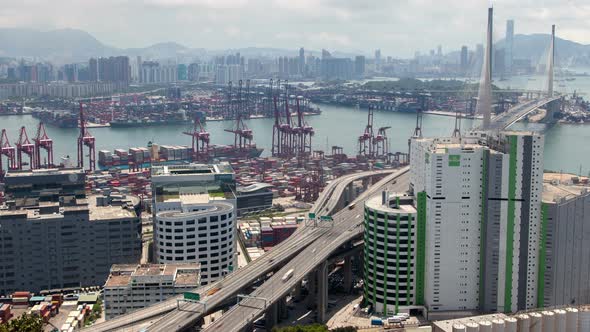 Hong Kong Container Port Terminal and Logistics Center Timelapse Pan Up