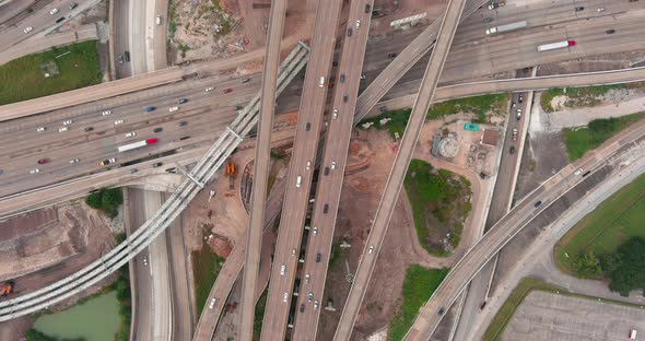 Birds eye view of traffic on 610 and 59 South freeway in Houston, Texas