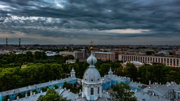 View of the City of Saint Petersburg From the Smolny Cathedral, Timelapse Dramatic Sky