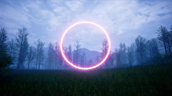 Glowing Red Light Circle Logo Frame in the Rainy and Lightning Forest