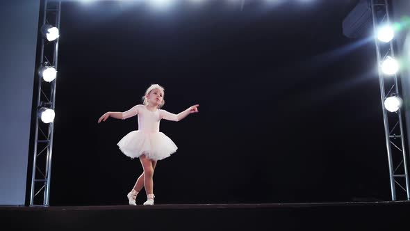 Little Girl Ballerina Caucasian Appearance in a Pink Tutu Dances on Stage