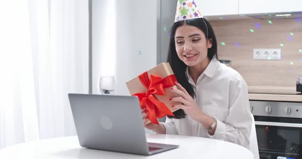 Festive Mood Girl Sitting Kitchen Laptop Celebrate Birthday Online Video Call Friends Holiday Girl